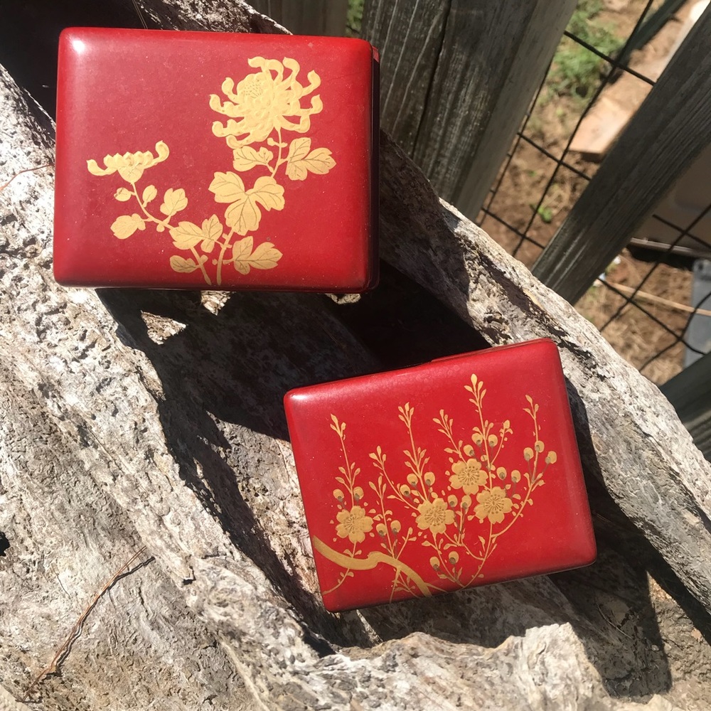 Vintage Asian Red Lacquer wooden trinket boxes